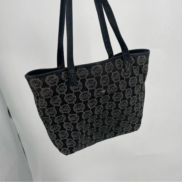 Michael Kors Signature Logo MK Black & White Tote Purse Large Canvas Bag Leather - Picture 4 of 7